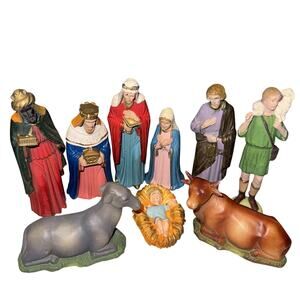 Vintage 9pc Nativity Set British Hong Kong Hand Decorated OOAK 1960 Christmas 4"
